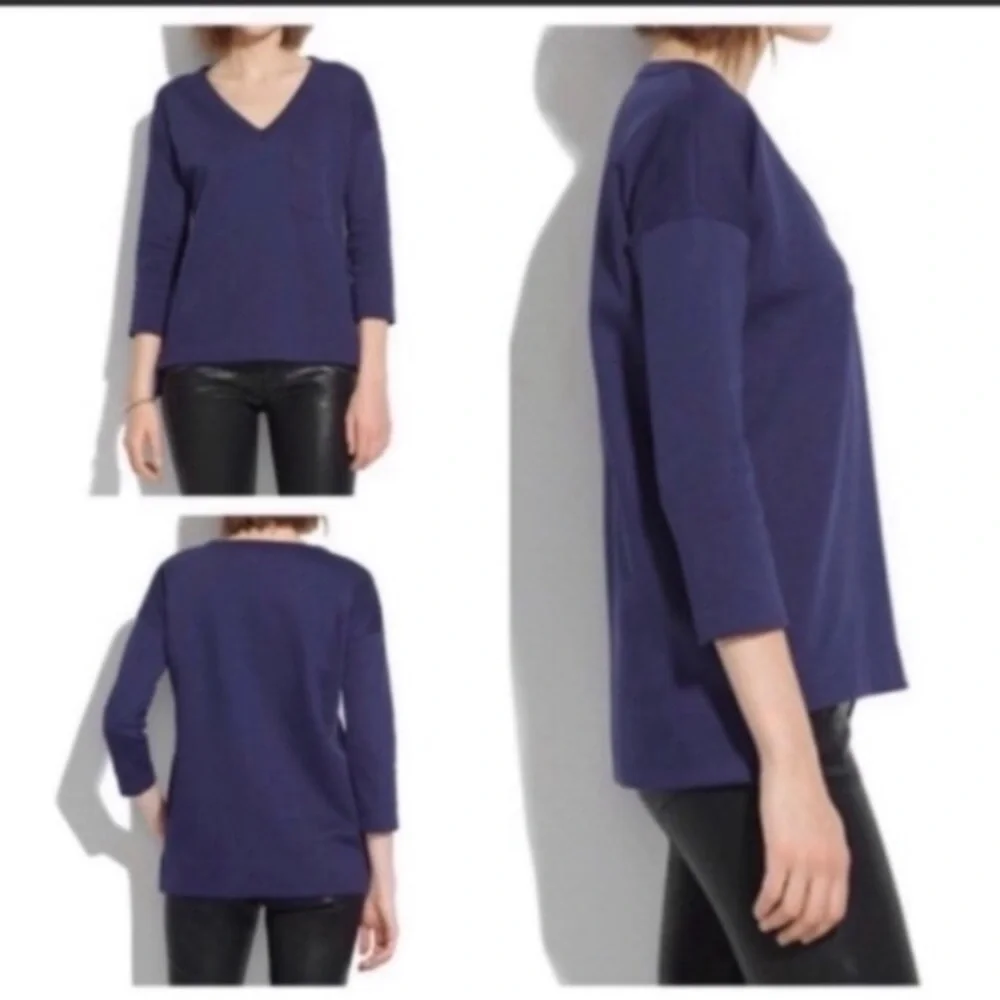 Madewell‎ Size Small Blue Side Zip V Neck Pocket Pique Top